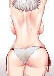  1girl absurdres arms_up ass back backboob bikini bikini_bottom breasts cowboy_shot facing_away from_behind girls_frontline highres large_breasts lilycious parant:3848129 red_ribbon ribbon short_hair shoulder_blades side-tie_bikini signature silver_hair simple_background skindentation solo spas-12_(girls_frontline) sweat swimsuit thigh_strap topless white_background white_bikini_bottom 