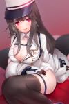  1girl ass_visible_through_thighs azur_lane bangs black_gloves black_hair black_legwear blush breasts buttons cleavage coat eyebrows_visible_through_hair fur-trimmed_coat fur_trim gloves gradient gradient_background hat kelly_0w0 large_breasts long_hair long_sleeves looking_at_viewer open_mouth padded_coat pamiat_merkuria_(azur_lane) purple_eyes red_eyes russian_clothes shirt sitting smile solo thighhighs tongue tongue_out white_coat white_headwear 