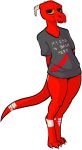  anthro bodypaint bottomless clothed clothing female kobold red_body red_skin rml scalie shirt smile solo text topwear tugma 