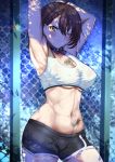  1girl ;) ahoge araimooah armpits arms_up azur_lane baltimore_(after-school_ace)_(azur_lane) baltimore_(azur_lane) black_choker black_hair black_shorts blush boyshorts braid breasts chain-link_fence choker closed_mouth cowboy_shot fence large_breasts looking_at_viewer navel one_eye_closed short_hair shorts smile solo sports_bra stomach stretch sweat underboob yellow_eyes 