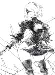  1girl 2boys blindfold boots breasts chobi_(sakuyasakuhana) cleavage cleavage_cutout feather_trim gloves greyscale hairband hatching_(texture) holding holding_sword holding_weapon knee_boots mole mole_under_eye monochrome multiple_boys nier_(series) nier_automata parted_lips puffy_sleeves short_hair sketch solo standing sword thighhighs turtleneck weapon yorha_no._2_type_b 