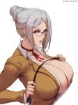  1girl absurdres artist_name black-framed_eyewear breasts brown_eyes choker cleavage collarbone cutesexyrobutts glasses highres huge_breasts huge_filesize long_hair looking_at_viewer open_clothes open_shirt paid_reward parted_lips patreon_reward prison_school red_choker riding_crop shiraki_meiko signature silver_hair simple_background solo tied_hair upper_body white_background 