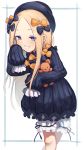 1girl abigail_williams_(fate/grand_order) bangs black_bow black_dress black_headwear blonde_hair blue_eyes blush bow breasts dress fal fate/grand_order fate_(series) forehead grin hair_bow hat highres holding holding_stuffed_animal long_hair long_sleeves looking_at_viewer multiple_bows orange_bow parted_bangs polka_dot polka_dot_bow ribbed_dress simple_background sleeves_past_fingers sleeves_past_wrists small_breasts smile solo stuffed_animal stuffed_toy teddy_bear white_background white_bloomers 