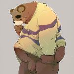  1:1 2020 animal_crossing anthro balls big_penis blush brown_body brown_fur clothing dumdum erection eyes_closed fur genitals hi_res humanoid_hands kemono male mammal nintendo overweight overweight_male penis shirt simple_background solo teddy_(animal_crossing) topwear ursid video_games 