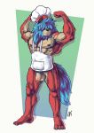  anthro apron balls black_ears black_nose blue_hair blue_tail canid canine canis chef_hat chemicalkirin chow_chow clothing domestic_dog eyeless flaccid flexing fur genitals gradient_background hair hat headgear headwear hi_res male mammal muscular muscular_male nipples penis pose red_body red_fur signature simple_background solo spitz three-quarter_view 