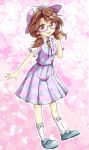 1girl :d aki_chimaki alternate_color alternate_hat_color arm_up blue_footwear brown_eyes brown_hair checkered checkered_background cherry_blossoms commentary_request contrapposto hat hat_ribbon highres holding holding_hair kneehighs looking_at_viewer low_twintails open_mouth outline petals pink-framed_eyewear pink_background pink_headwear plaid plaid_skirt plaid_vest quimbaya_airplane ribbon semi-rimless_eyewear shirt short_hair short_sleeves skirt skirt_set smile solo touhou twintails under-rim_eyewear usami_sumireko vest white_legwear white_shirt 