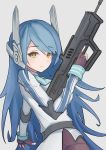  1girl assault_rifle blue_hair breasts bullpup girls_frontline gun highres imi_tavor_tar-21 long_hair rifle robot_ears solo tar-21_(girls_frontline) weapon yellow_eyes 