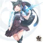  1girl animal_ear_fluff animal_ears black_footwear black_hair black_ribbon boots choker chromatic_aberration eyebrows_visible_through_hair fox_ears fox_girl fox_tail hair_ribbon hand_up highres holding holding_sword holding_weapon katana knee_boots kuro_kosyou long_hair looking_at_viewer magic open_mouth original pleated_skirt purple_eyes ribbon shirt sidelocks signature skirt solo sword tail thick_eyebrows two-tone_background weapon white_background 