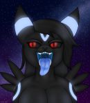 2020 absurd_res alternate_color anthro anthrofied black_body black_fur black_hair black_nose black_sclera blue_tongue bodily_fluids breasts detailed_background digimon digimon_(species) digital_media_(artwork) drooling eeveelution emu34b eyelashes featureless_breasts female fur galaxy glowing glowing_markings hair hi_res hybrid mammal markings milky_way mouth_shot night nintendo nude open_mouth outside pok&eacute;mon pok&eacute;mon_(species) presenting_mouth red_eyes renamon rhea_(xth46) saliva sharp_teeth sky solo solo_focus star starry_sky teeth tongue tongue_out umbreon uvula vector video_games 