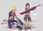  2boys :d disassembly english_text fuwamoko_momen_toufu grey_background gun highres juju_(xenoblade) maintenance monado multiple_boys open_mouth screwdriver shorts shulk simple_background smile staff sword vest weapon wrench xenoblade_(series) xenoblade_1 