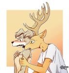  anthro antlers beastars blush brown_body brown_eyes brown_fur canid canine canis cervid cervine claws clothed clothing duo fangs female fur horn juno_(beastars) louis_(beastars) love_bite male male/female mammal playful red_deer romantic_ambiance romantic_couple senbug shoulder_bite signature simple_background surprise tan_body tan_fur watermark white_body white_fur wolf 