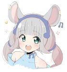  1girl :d animal_ears bangs beamed_eighth_notes blue_shirt blush collarbone commentary_request covered_collarbone cropped_torso ear_piercing eyebrows_visible_through_hair green_eyes grey_hair hatsuka_chiyu highres long_hair looking_at_viewer mouse_ears musical_note okota_mikan open_mouth original piercing round_teeth shirt sidelocks simple_background sleeveless sleeveless_shirt smile solo teeth twintails upper_body upper_teeth virtual_youtuber white_background 