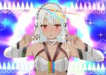  1girl absurdres altera_(fate) bangs bare_shoulders blue_background blush bra breasts collarbone dark_skin detached_sleeves double_v emotional_engine_-_full_drive fate/extella fate/extra fate/grand_order fate_(series) giru000 hands_up highres looking_at_viewer open_mouth parody red_eyes short_hair small_breasts solo sparkle tattoo underwear v veil white_bra white_hair 