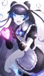  1girl alternate_costume apron bangs black_hair blue_eyes blunt_bangs double_bun enmaided gauntlets glowing glowing_eyes heart heart_hands highres kantai_collection light_cruiser_oni long_hair maid maid_apron maid_dress maid_headdress no_legs one_eye_closed puffy_short_sleeves puffy_sleeves shinkaisei-kan short_sleeves sidelocks solo very_long_hair weasel_(close-to-the-edge) white_skin 