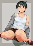  1girl banned_artist belt black_eyes black_hair breasts kantai_collection makio_(makiomeigenbot) mogami_(kantai_collection) off-shoulder_jacket shoes short_hair shorts signature sitting small_breasts smile sneakers solo tank_top wariza 