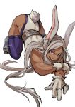  1girl animal_ears artist_name ass boku_no_hero_academia breasts bunny_ears bunny_tail dark_skin eyebrows_visible_through_hair full_body gloves grey_hair highleg highleg_leotard kadeart leotard long_hair looking_at_viewer muscle muscular_female open_mouth purple_eyes solo standing tail teeth top-down_bottom-up usagiyama_rumi 