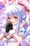  1girl :d ako_suke animal_ear_fluff animal_ears bangs bare_shoulders black_bra black_gloves blue_hair blush bow bra braid bunny_ears bunny_girl carrot_hair_ornament cherry_blossoms commentary_request detached_sleeves eyebrows_visible_through_hair food_themed_hair_ornament fur-trimmed_gloves fur_collar fur_trim gloves hair_bow hair_ornament highres hololive long_hair looking_at_viewer multicolored_hair open_mouth own_hands_together petals purple_ribbon red_eyes ribbon short_hair sidelocks smile thick_eyebrows tree twin_braids two-tone_hair underwear upper_body usada_pekora virtual_youtuber white_bow white_hair 