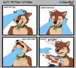  anthro canid canine canis collar comic disembodied_hand domestic_dog duo english_text hasbro head_pat hi_res humor male mammal mutt_(character) nerf_(toy) petting solo_focus text tongue tongue_out wagnermutt water_gun 