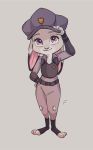  2020 anthro clothed clothing dipstick_ears disney ears_down female fully_clothed fur grey_background grey_body grey_fur hat headgear headwear hi_res judy_hopps kabe2mugi lagomorph leporid looking_at_viewer mammal multicolored_ears pivoted_ears purple_eyes rabbit simple_background smile solo standing zootopia 