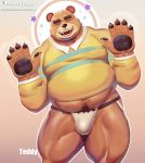  2020 animal_crossing anthro belly brown_body brown_fur bulge clothing dsharp_k eyes_closed fur humanoid_hands jockstrap kemono male mammal navel nintendo overweight overweight_male pubes shirt solo teddy_(animal_crossing) topwear underwear ursid video_games 