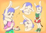  anthro blue_eyes blue_hair cake clothing female food fur hair happy lagomorph leporid mammal model_sheet open_mouth rabbit smile solo syuriusuhusky white_body white_fur 