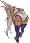  1girl animal_ears artist_name ass bent_over boku_no_hero_academia breasts bunny_ears bunny_tail dark_skin full_body gloves grey_hair highleg highleg_leotard kadeart leotard long_hair looking_back muscle muscular_female solo standing tail teeth usagiyama_rumi 