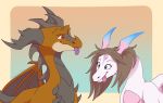  blue_eyes brown_hair crystal dragon duo duo_focus female feral group hair hi_res horn humor icelectricspyro male membrane_(anatomy) membranous_wings red_eyes scales scalie smile tongue tongue_out western_dragon wings 