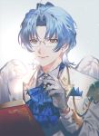  1boy altair_(granblue_fantasy) angel_wings bangs blazer blue_hair book brown_eyes collared_shirt glasses gloves granblue_fantasy holding holding_book jacket male_focus necktie osoma shirt simple_background solo white_wings wings 