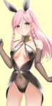  1girl animal_ears ass_visible_through_thighs braid breasts bunny_ears covered_navel elbow_gloves fake_animal_ears fire_emblem fire_emblem_awakening gloves long_hair olivia_(fire_emblem) pink_eyes pink_hair ponytail simple_background skeptycally solo twin_braids twitter_username yellow_background 