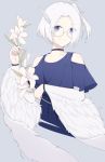  1girl antenna_hair bare_shoulders blue_eyes blue_shirt bracelet choker flower glasses grey_background highres holding holding_flower ieufg jewelry looking_at_viewer mole_on_body one_side_up original shirt short_hair simple_background smile solo white_hair 