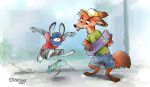  2020 anthro barefoot bottomwear brown_body brown_fur canid canine clothing disney duo fox fur grey_body grey_fur hat head_tuft headgear headwear hi_res holding_object inner_ear_fluff judy_hopps lagomorph leporid looking_at_another mammal midair nick_wilde orange_body orange_fur outside rabbit red_fox shirt shorts skateboard sophiecabra standing tongue tongue_out topwear tuft zootopia 