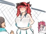  1boy 2girls azur_lane bangs black_ribbon blunt_bangs blush blush_stickers breasts bremerton_(azur_lane) bremerton_(scorching-hot_training)_(azur_lane) chain-link_fence closed_eyes commentary_request crop_top crop_top_overhang eyebrows_visible_through_hair faceless faceless_male fence hair_ribbon hands_on_hips heart heart_necklace honolulu_(azur_lane) huge_breasts large_breasts leaning_forward looking_at_another multicolored_hair multiple_girls no_mole pink_eyes pink_hair red_eyes red_hair ribbon ro_(aahnn) see-through serious shirt sleeveless sleeveless_shirt towel towel_around_neck twintails two-tone_shirt upper_body visor_cap 