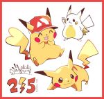  ! :3 :d artsy-rc baseball_cap birthday birthday_cake border cake candle clothed_pokemon commentary dated ears_through_headwear english_commentary english_text food gen_1_pokemon hand_on_hip hat no_humans open_mouth pikachu pikachu_day pokemon pokemon_(creature) red_border red_headwear simple_background smile standing v white_background 