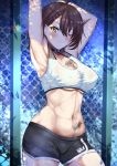  1girl ;) absurdres ahoge araimooah arm_behind_head armpits arms_up azur_lane baltimore_(azur_lane) baltimore_(black_ace)_(azur_lane) bandaid bandaid_on_leg bangs black_choker black_shorts blush boyshorts braid breasts brown_hair chain-link_fence chest_tattoo choker cleavage closed_mouth collarbone commentary_request covered_nipples cowboy_shot eyebrows_visible_through_hair fence flower_tattoo french_braid groin hair_between_eyes highres large_breasts looking_at_viewer midriff navel one_eye_closed revision shade short_hair short_shorts shorts sidelocks smile solo sports_bra standing stomach stomach_tattoo stretch sweat tattoo tight toned underboob white_sports_bra yellow_eyes 