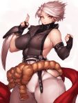  1girl bare_shoulders blade breasts brown_eyes chipp_zanuff covered_nipples earrings fingerless_gloves fumio_(rsqkr) genderswap genderswap_(mtf) gloves guilty_gear highres jewelry large_breasts looking_at_viewer short_hair side_slit sideboob silver_hair solo standing thick_thighs thighs 