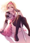  1girl arm_support armor bangs blonde_hair boots breasts brown_footwear closed_mouth collarbone commentary_request curry_bowl djeeta_(granblue_fantasy) dress eyebrows_visible_through_hair gauntlets granblue_fantasy hairband highres holding lips long_hair looking_at_viewer medium_breasts pink_dress shadow shiny shiny_clothes short_dress signature simple_background sitting smile sword thigh_boots thighhighs thighs weapon white_background yellow_eyes 