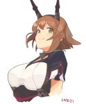  1girl bangs breasts brown_hair cropped_torso dated eyebrows_visible_through_hair green_eyes headgear highres kantai_collection large_breasts mutsu_(kantai_collection) remodel_(kantai_collection) short_hair short_sleeves simple_background smile solo umi_owl white_background 