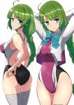  1girl adapted_costume ahoge aqua_eyes ass blazer braid comala_(komma_la) competition_swimsuit cowboy_shot green_hair grey_legwear highres jacket kantai_collection long_hair looking_at_viewer mole mole_under_mouth multicolored multicolored_clothes multicolored_swimsuit multiple_views one-piece_swimsuit remodel_(kantai_collection) simple_background single_braid swimsuit swimsuit_pull thighhighs very_long_hair white_background yuugumo_(kantai_collection) 