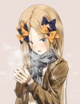  1girl abigail_williams_(fate/grand_order) bangs black_bow blonde_hair blue_eyes blush bow breasts fate/grand_order fate_(series) forehead long_hair long_sleeves looking_at_viewer multiple_bows open_mouth orange_bow parted_bangs polka_dot polka_dot_bow sakazakinchan scarf small_breasts solo 