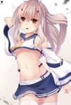  1girl :0 absurdres arm_behind_head artist_logo ayanami_(azur_lane) azur_lane bandaid_on_arm bangs bare_shoulders belt blue_sailor_collar blue_skirt breasts collarbone commentary_request cowboy_shot crop_top detached_sleeves eyebrows_visible_through_hair groin hair_between_eyes headgear hibiki_zerocodo high_ponytail highres long_hair looking_at_viewer midriff navel neckerchief open_mouth orange_eyes platinum_blonde_hair pleated_skirt ponytail retrofit_(azur_lane) sailor_collar shirt sideboob sidelocks simple_background skirt small_breasts solo standing thighhighs underboob white_belt white_legwear white_shirt white_sleeves wide_sleeves yellow_neckwear zettai_ryouiki 