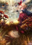  2girls black_shirt blonde_hair blue_eyes cloud cloudy_sky commentary_request crossed_arms day doll dqn_(dqnww) field flower flower_field flying from_below from_side frown grass hair_ribbon hand_on_own_elbow knees_to_chest leg_hug light_particles light_rays lily_of_the_valley looking_at_another making-of_available medicine_melancholy multiple_girls on_ground outdoors petals puffy_short_sleeves puffy_sleeves red_skirt ribbon shirt short_hair short_sleeves signature sitting skirt sky su-san sunbeam sunlight touhou water_drop wind wings 