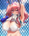  1girl armpits azur_lane bangs bare_shoulders bechu bottle bow bra breasts bremerton_(azur_lane) bremerton_(scorching-hot_training)_(azur_lane) chain-link_fence collarbone commentary_request crop_top day fence grey_hair hair_between_eyes hair_bow hair_ornament hairclip heart heart-shaped_pupils heart_necklace highres large_breasts lifted_by_self looking_at_viewer mole mole_on_breast mole_under_eye mouth_hold multicolored_hair navel_piercing piercing pink_eyes pink_hair pouring pouring_onto_self shirt shirt_lift sidelocks sleeveless sleeveless_shirt sportswear streaked_hair symbol-shaped_pupils tennis_uniform twintails two-tone_shirt underwear water_bottle white_bra x_hair_ornament 