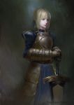  1girl armor armored_dress artoria_pendragon_(all) avalon_(fate/stay_night) blonde_hair blue_dress blue_ribbon braid breastplate dress excalibur fate/stay_night fate_(series) french_braid highres little_owl looking_away painterly planted_weapon ribbon saber solo weapon 