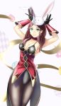 1girl absurdres animal_ears arms_up breasts brown_hair bunny_ears cleavage closed_mouth dorothea_arnault earrings easter_egg egg fake_animal_ears fire_emblem fire_emblem:_three_houses fire_emblem_heroes gloves green_eyes gzo1206 highres jewelry long_hair pantyhose smile solo 