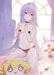  1girl black_choker blue_eyes blurry blurry_background blurry_foreground blush breasts cellphone character_doll choker commentary_request covered_nipples curtain_grab curtains food_print hair_between_eyes highres honkai_(series) honkai_impact_3rd hymxiaocyan indoors jewelry keychain long_hair navel necklace nipples phone silver_hair sitting small_breasts smartphone smile solo star star_necklace star_print strawberry_print tape tape_on_nipples theresa_apocalypse thighhighs topless underwear underwear_only very_long_hair white_legwear window 