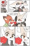  2020 2:3 anthro blush bodily_fluids brown_body brown_fur canid canine comic dialogue disney duo english_text fchicken fennec finnick food fox fur hi_res holding_food holding_object mammal nick_wilde pawpsicle popsicle reclining red_fox speech_bubble sweat sweatdrop tan_body tan_fur text white_body white_fur zootopia 