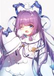  1girl animal_ears azur_lane bird blue_bow blue_eyes blush bow coat eyebrows_visible_through_hair fake_animal_ears fur_trim hair_ornament hair_ribbon heart highres long_hair long_sleeves looking_at_viewer one_eye_closed open_mouth paya_(aejx2345) pom_pom_(clothes) ponytail purple_hair ribbon sleeves_past_wrists snow_on_head steam tashkent_(azur_lane) very_long_hair white_coat 