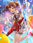  1girl :d aerial_fireworks alternate_hairstyle ankle_ribbon arm_ribbon arm_scrunchie balloon bang_dream! bangs blue_background blue_shirt blue_skirt blush bow bowtie breasts brown_hair bubble commentary_request confetti cowboy_shot crop_top earrings electric_guitar esp_guitars eyebrows_visible_through_hair fireworks frilled_skirt frilled_sleeves frills gradient gradient_background guitar hair_ornament hat high_heels highres holding holding_instrument holding_plectrum iku2727 instrument jewelry lights looking_at_viewer medium_breasts midriff mini_hat navel open_mouth plaid plaid_shirt plaid_skirt plectrum polka_dot_neckwear profile purple_eyes red_footwear ribbon shirt sidelocks skirt sleeveless sleeveless_shirt smile solo standing standing_on_one_leg star star_earrings star_hair_ornament strap suspender_skirt suspenders thighhighs toyama_kasumi twintails upper_teeth white_legwear 
