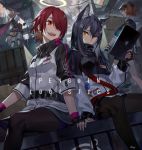  4girls :d animal_ears arknights black_gloves black_hair black_legwear blonde_hair cape crate croissant_(arknights) exusiai_(arknights) fingerless_gloves fox_tail gloves hair_over_one_eye halo high_collar holding holding_hands horns ipad jacket long_hair looking_at_viewer miniskirt multiple_girls noy open_mouth orange_eyes orange_hair pantyhose red_eyes red_hair short_hair sitting skirt smile sora_(arknights) standing strap tablet_pc tail texas_(arknights) white_jacket wolf_ears 