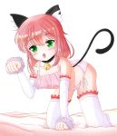  1girl absurdres animal_ears animal_hat bell bell_collar blush cat cat_ears cat_girl cat_hat cat_tail chiyoda_momo collar hat highres lingerie machikado_mazoku open_mouth panties paw_pose sesturikka solo tail thighhighs underwear underwear_only 
